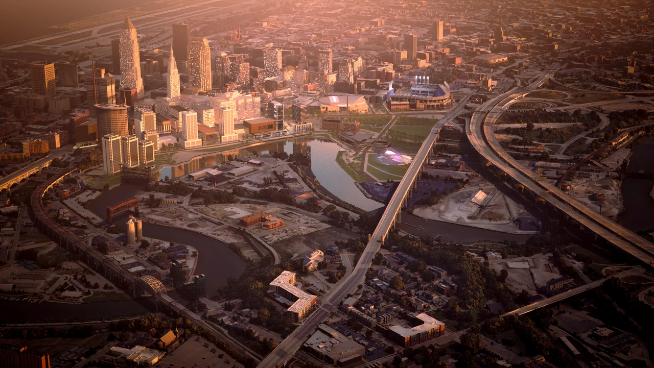 Aerial city view with warm sunset light