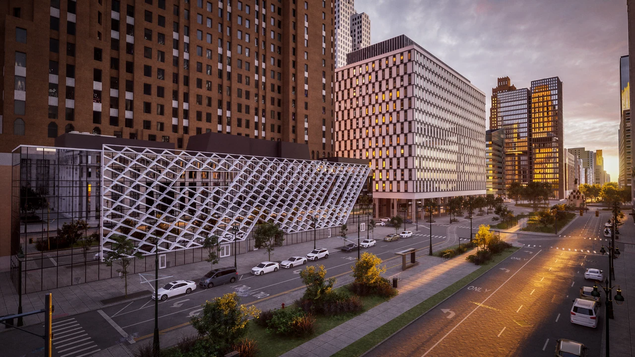 Urban avenue at dusk with a sculptural white facade