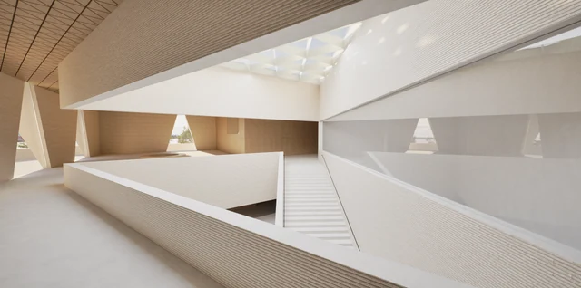 Bright geometric atrium and broad staircase