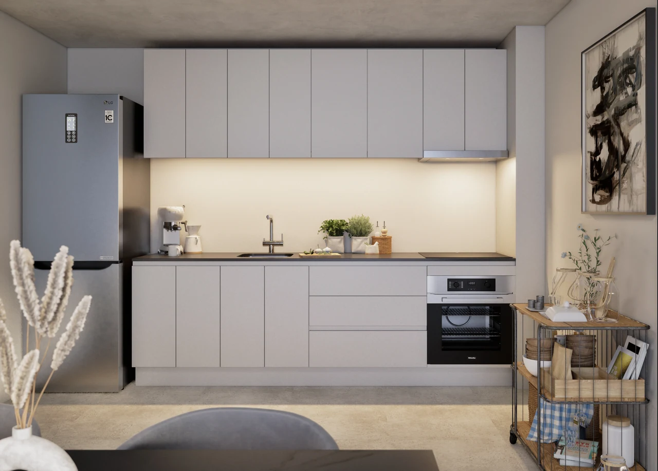 Contemporary kitchen with soft daylight and warm task lighting