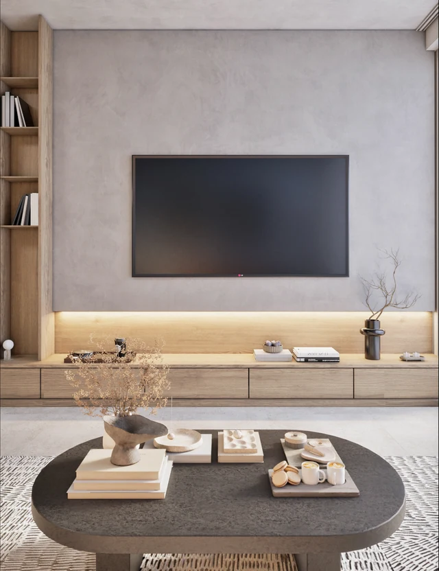 Quiet living room with a television wall