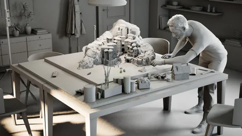 Scene development: A man detailing a miniature village — view 8