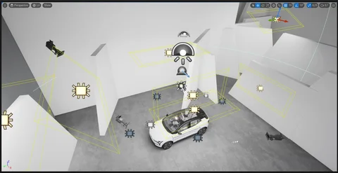 Scene development: White Volvo in a geometric studio — view 6