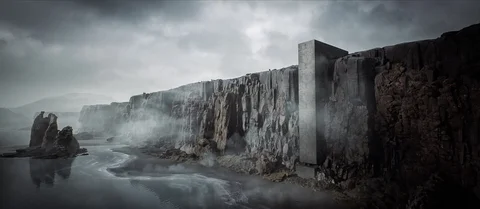 Volcanic island cliffs and waterfalls — view 2