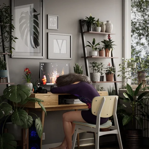 A plant-filled room under different lighting — view 2