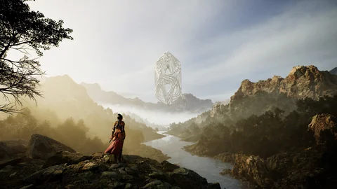 A figure beneath a floating structure in a mountain landscape — view 2
