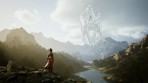 A figure beneath a floating structure in a mountain landscape — view 3