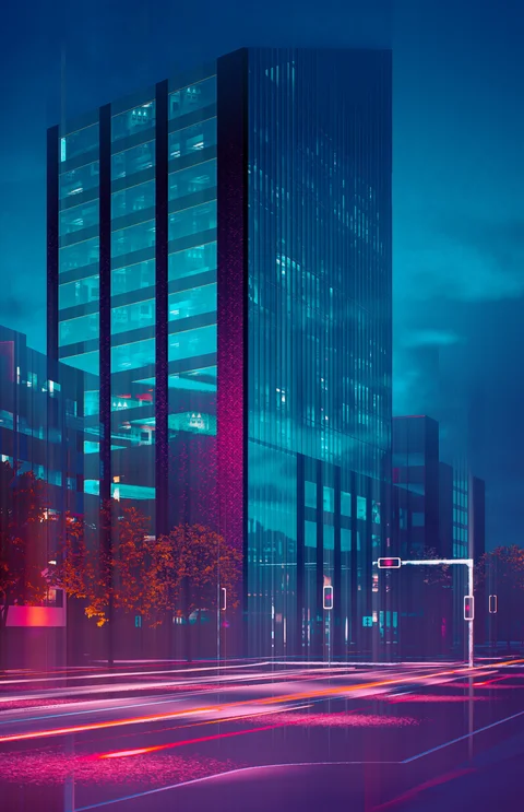 Neon architecture and vehicle light trails — view 9