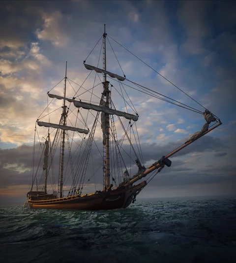 Historic sailing ships in a naval battle — view 2