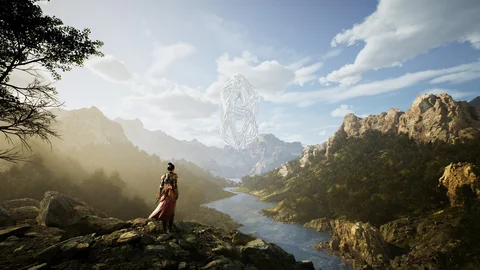 A figure beneath a floating structure in a mountain landscape — view 1