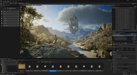 Scene development: A figure beneath a floating structure in a mountain landscape — view 11