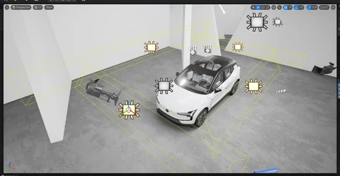 Scene development: White Volvo in a geometric studio — view 7