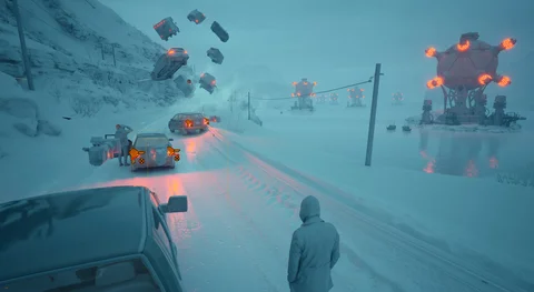 Scene development: Cars suspended over a snowy road — view 9