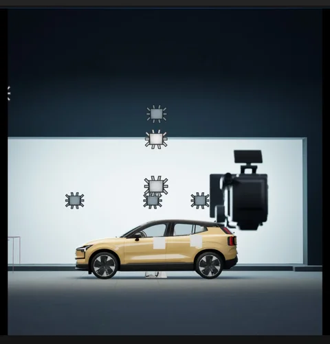 Scene development: Gold Volvo under contrasting studio lighting — view 2