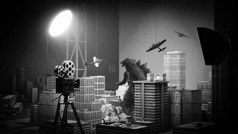 Kaiju staged on a miniature film set — view 1