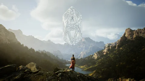 A figure beneath a floating structure in a mountain landscape — view 4