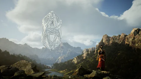 A figure beneath a floating structure in a mountain landscape — view 5