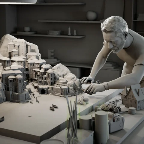 Scene development: A man detailing a miniature village — view 7
