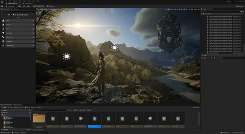 Scene development: A figure beneath a floating structure in a mountain landscape — view 12