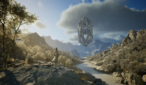 A figure beneath a floating structure in a mountain landscape — view 10