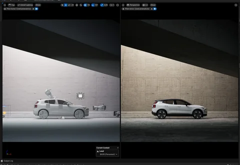 Scene development: Silver Volvo in a concrete architectural setting — view 2
