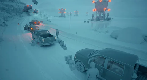 Scene development: Cars suspended over a snowy road — view 8