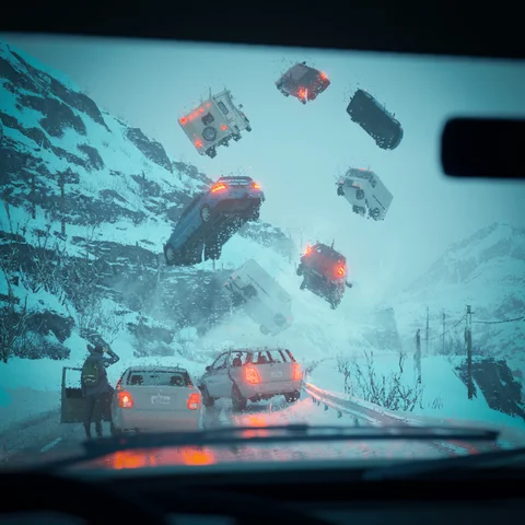 Cars suspended over a snowy road — view 5