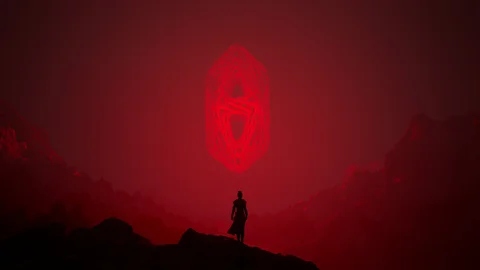 A figure beneath a floating structure in a mountain landscape — view 7