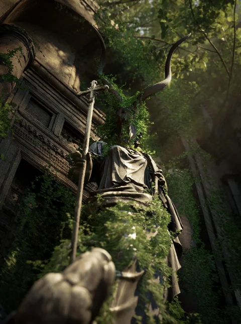 Statues and ivy in a ruined hall — view 1