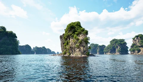 Tropical limestone islands and coastal vegetation — view 2