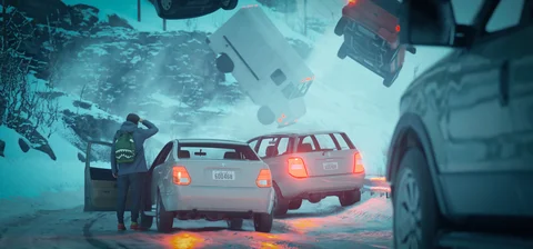 Cars suspended over a snowy road — view 6
