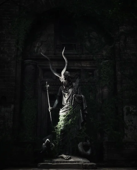 Statues and ivy in a ruined hall — view 6
