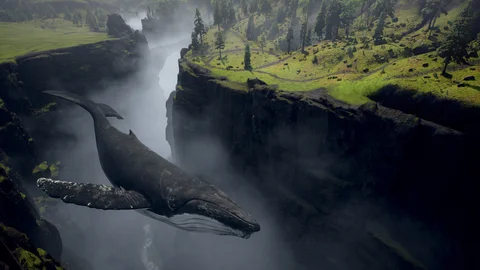 Whales floating above Nordic landscapes — view 2