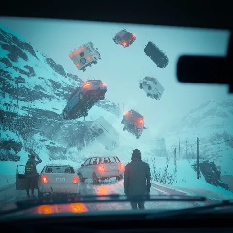 Cars suspended over a snowy road — view 4