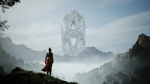 A figure beneath a floating structure in a mountain landscape — view 6