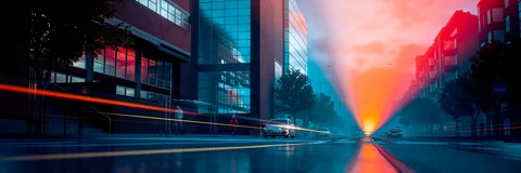 Neon architecture and vehicle light trails — view 1