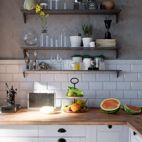 Sunlit kitchen with fruit and plants — view 1