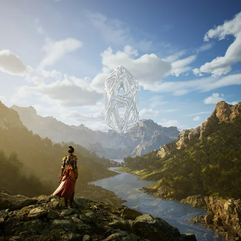 A figure beneath a floating structure in a mountain landscape — view 9