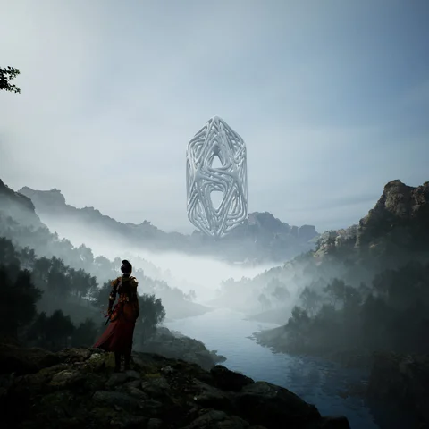 A figure beneath a floating structure in a mountain landscape — view 8