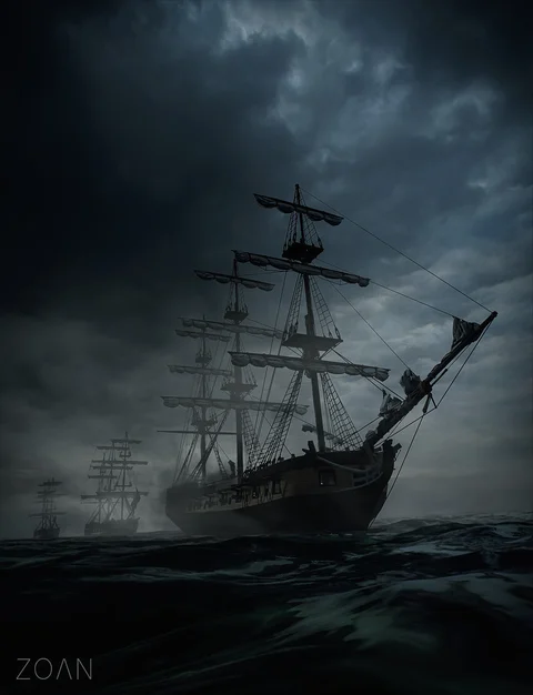 Historic sailing ships in a naval battle — view 3