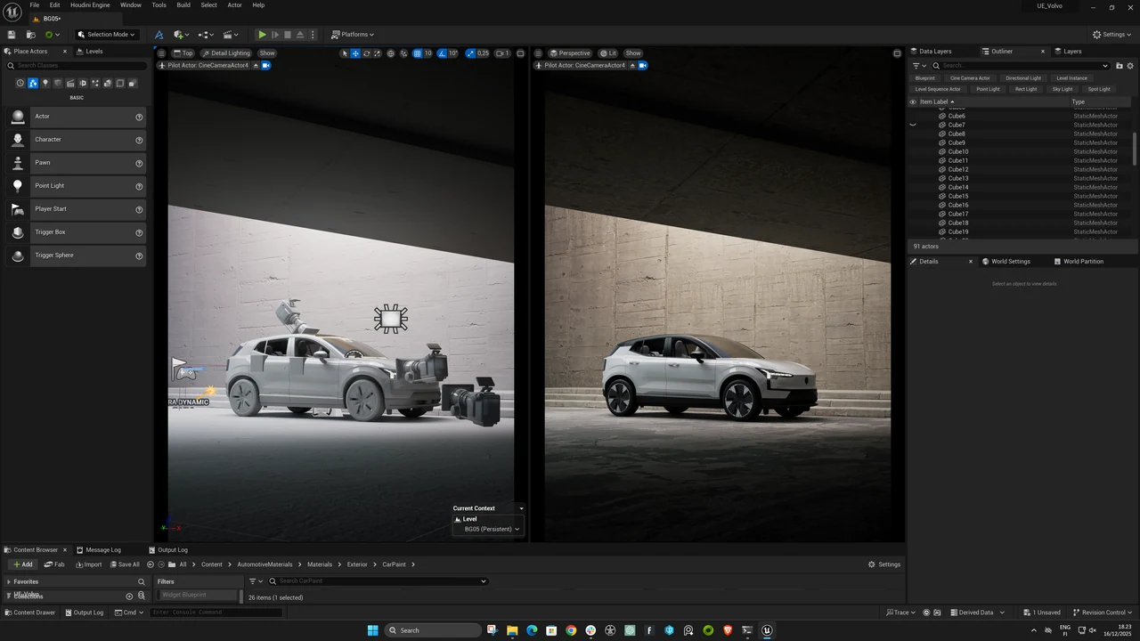 Unreal Engine viewport and final camera composition side by side