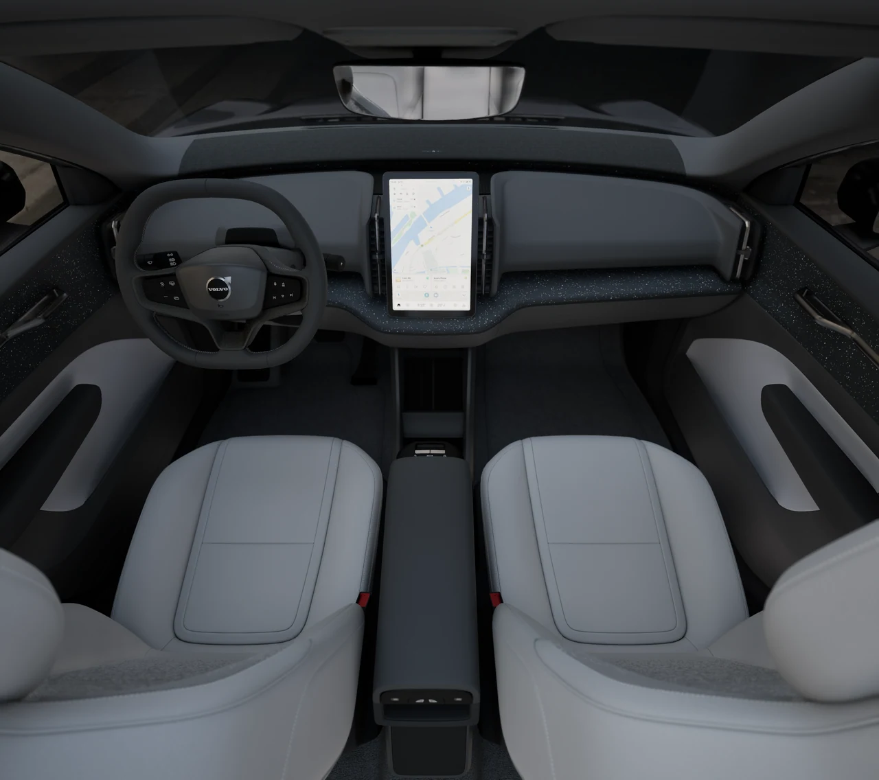 Overhead view of a light grey vehicle cabin