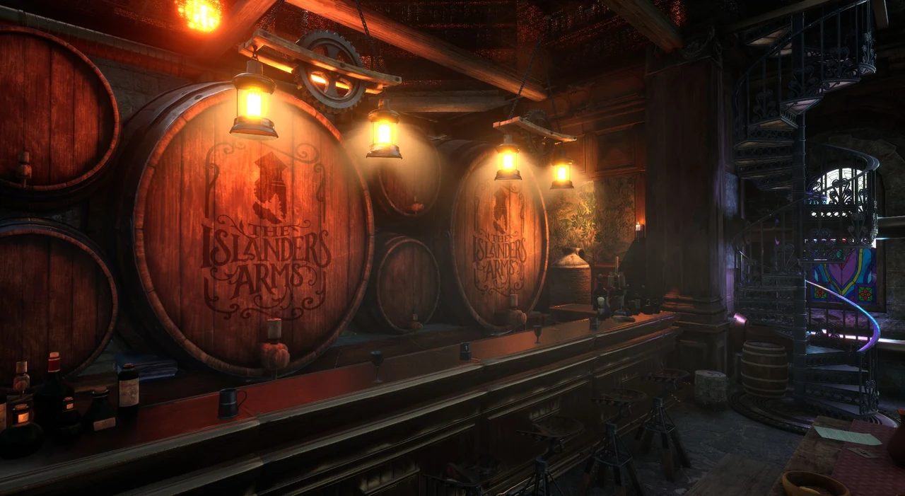 Virtual venue detail with barrels and warm wall lights