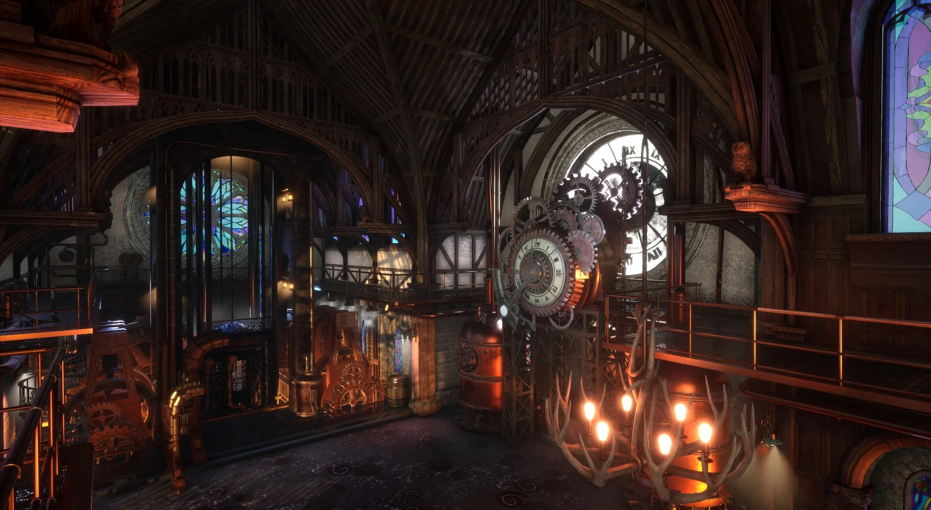 Ornate virtual concert interior lit by warm practical lights