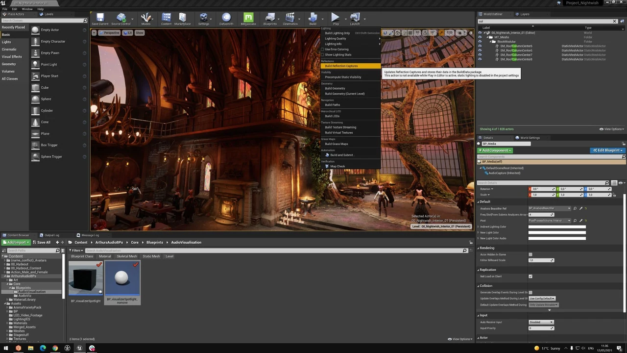 Unreal Engine editor with concert environment and sequence tracks