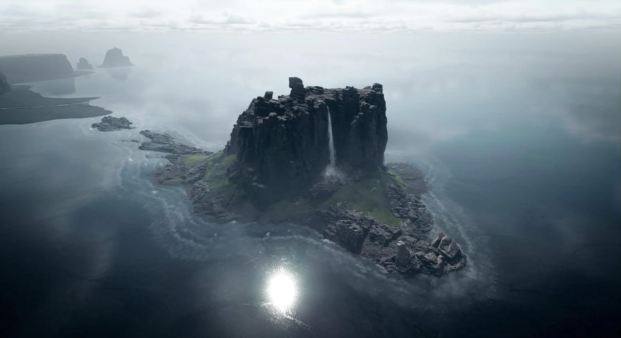 Rocky island with waterfalls in a misty Nordic seascape