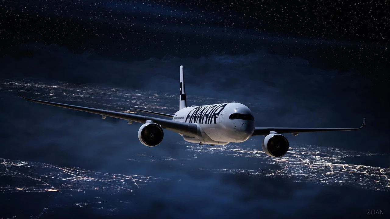 Finnair aircraft above a landscape at night