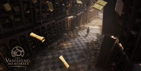The Vanishing Memories overhead library scene with floating books