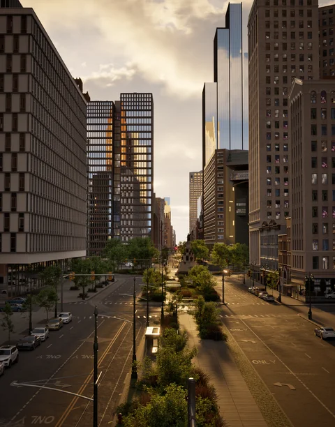 Tree-lined city street between tall buildings