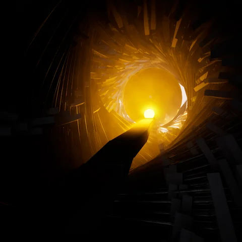 Upward view into a glowing circular shaft